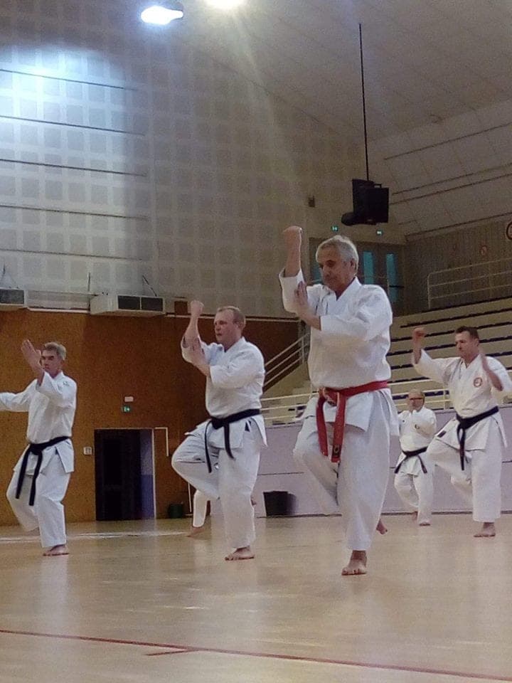 Cinq karatékas exécutent le même mouvement de kata dans un gymnase, genou levé et poing armé ; celui du premier plan porte une ceinture rouge, les autres une ceinture noire